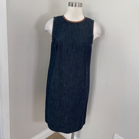 Lauren Ralph Lauren Womens 4 Denim Shift Dress Sheep Leather Trim Sleeveless - Picture 1 of 13
